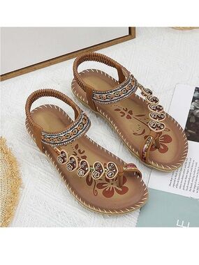 Bohemian Style Flat Strappy Sandals With Hearts & Beads Toe Ring Style